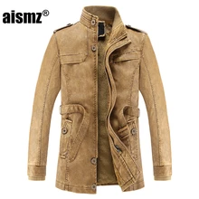 Aismz Faux Leather Jackets Men Warm Fleece Winter Men s Coats Stand Collar Sashes Casual Slim