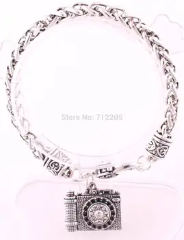 

Lobster Claw 30pcs antique silver Wheat Link Bracelet Chain with Camera Crystal Pendant Bracelet