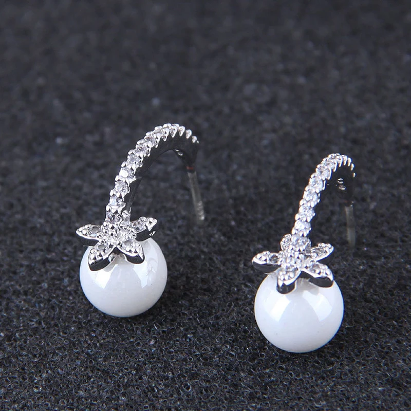 

Fashion Freshwater Pearl Earrings For Women Paved Clear CZ Zircon Silver Color Stud Earrings Mother's Day Gift