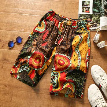 

2020 summer new men's casual cotton and linen shorts printed comfortable breathable beach shorts