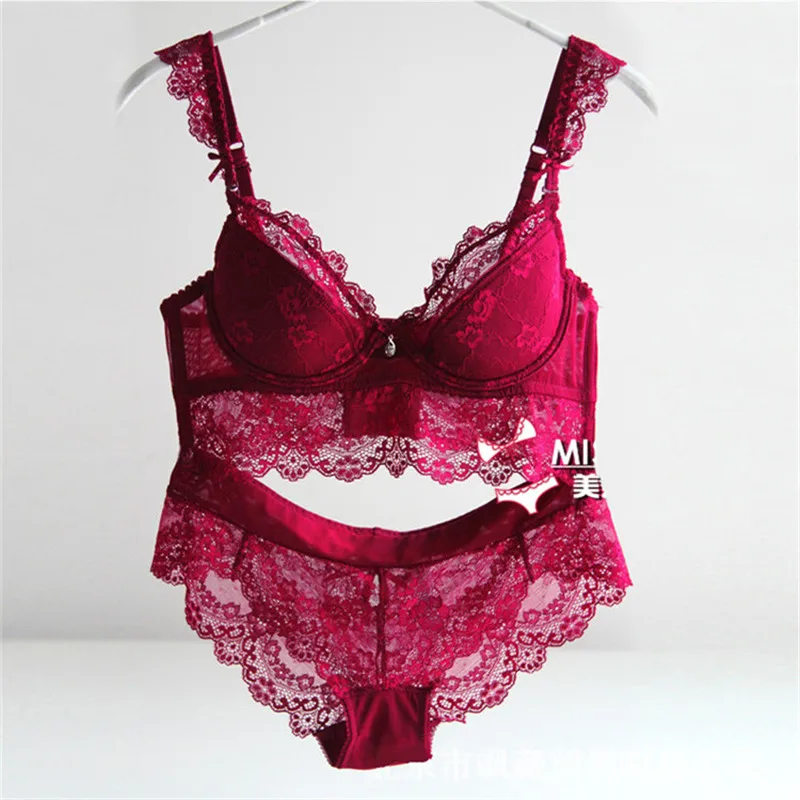 Newest Winter Wine Red Lace Bra Adjustment Ultra-thin Side Gathering Push Up Women's Bra Briefs Set Sexy Lace Underwear bra