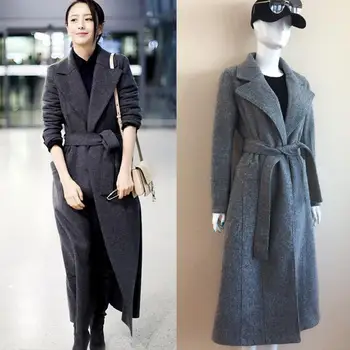 

winter New Women fashion wool blend gray warm coat oversize X-Long slim woolen coat with belt
