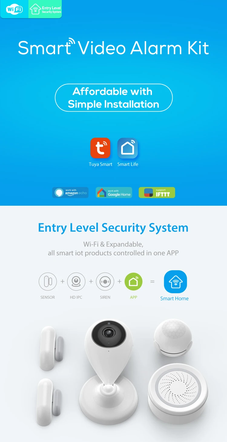Tuya Smart Life HD ip-камера, дверной PIR датчик, сирена, беспроводной WiFi, приложение, дистанционное управление, система домашней сигнализации, комплект видео сигнализации