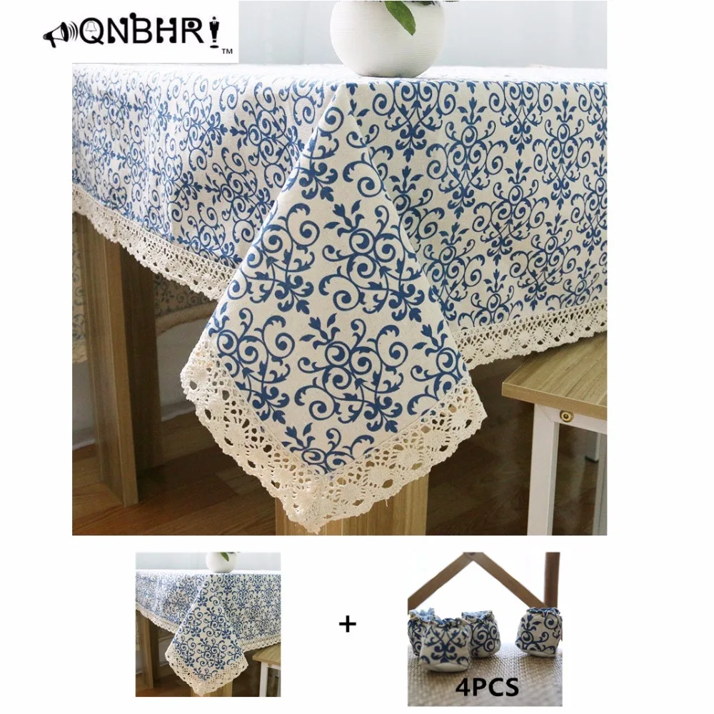 

QNBHR Table Cloth+4PCS chair foot Protective sleeve Retro Blue and White with Lace Cotton Print Chinese Style Cover Home Decor