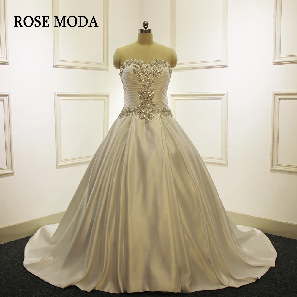 

Rose Moda Luxury Crystal Satin Ball Gown 2019 Strapless Church Wedding Dress Lace Up Back Real Photos