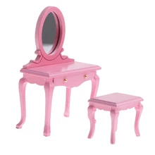 1/12 Dollhouse Miniatures Bedroom Furniture Wooden Dressing Table with Openable Drawer & Stool Set Interior Decoration elegant and delicate home furniture bedroom mirrored bedside table classic design cabinet with one drawer