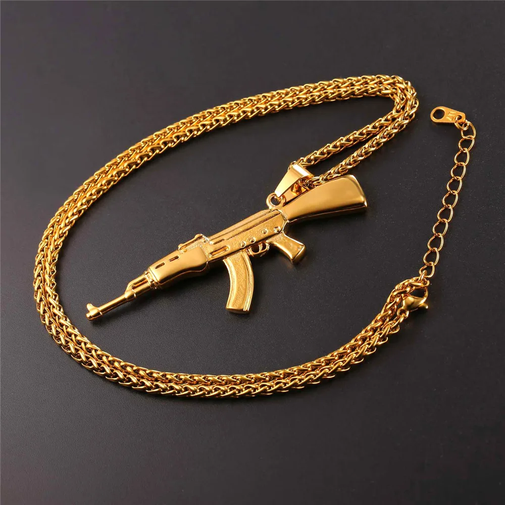 Хип-хоп пистолет Узи кулон Цепочки и ожерелья для мужские черные Нержавеющая сталь золото Цвет 22 дюймов Цепь AK 47 M16 пистолет Цепочки и ожерелья