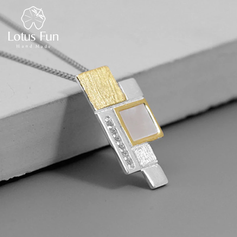 

Lotus Fun Real 925 Sterling Silver Natural Shell Fine Jewelry Simple Staggered Square Slice Pendant without Chain for Women