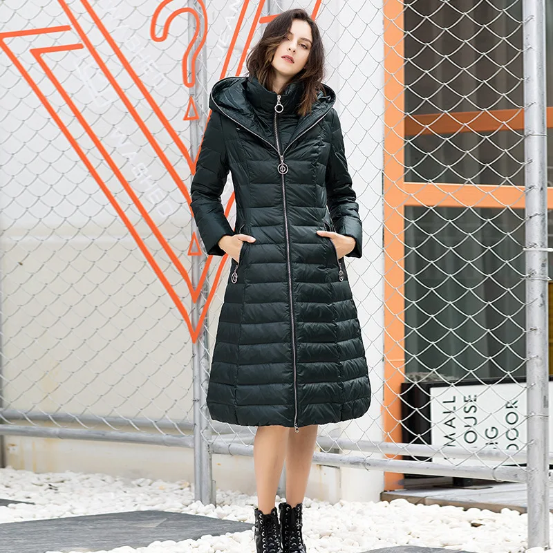 Elegant Thicken Winter Warm Zipper Parkas 90% White Duck Down Coats Women Overcoats OL Ladies Hooded Long Outerwear Waterproof