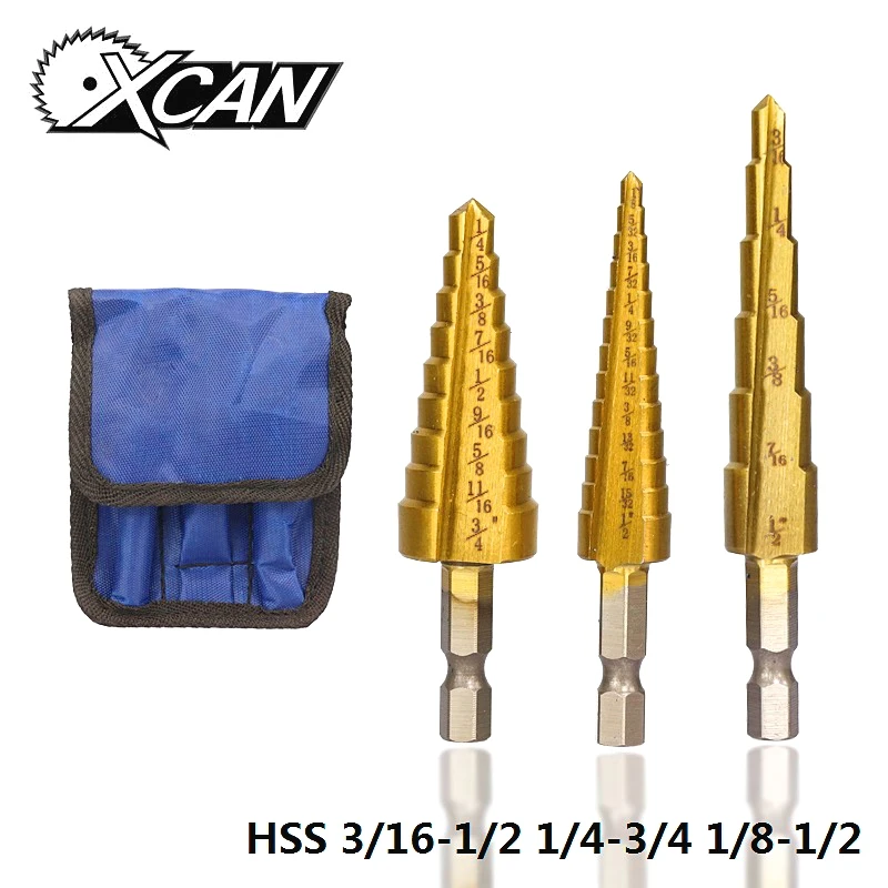XCAN 3 шт. 3/16-1/2 1/8-1/2 1/4-3/4 HSS прямая канавка с титановым покрытием Шаг сверло набор древесины/металлический дыропробивной пресс