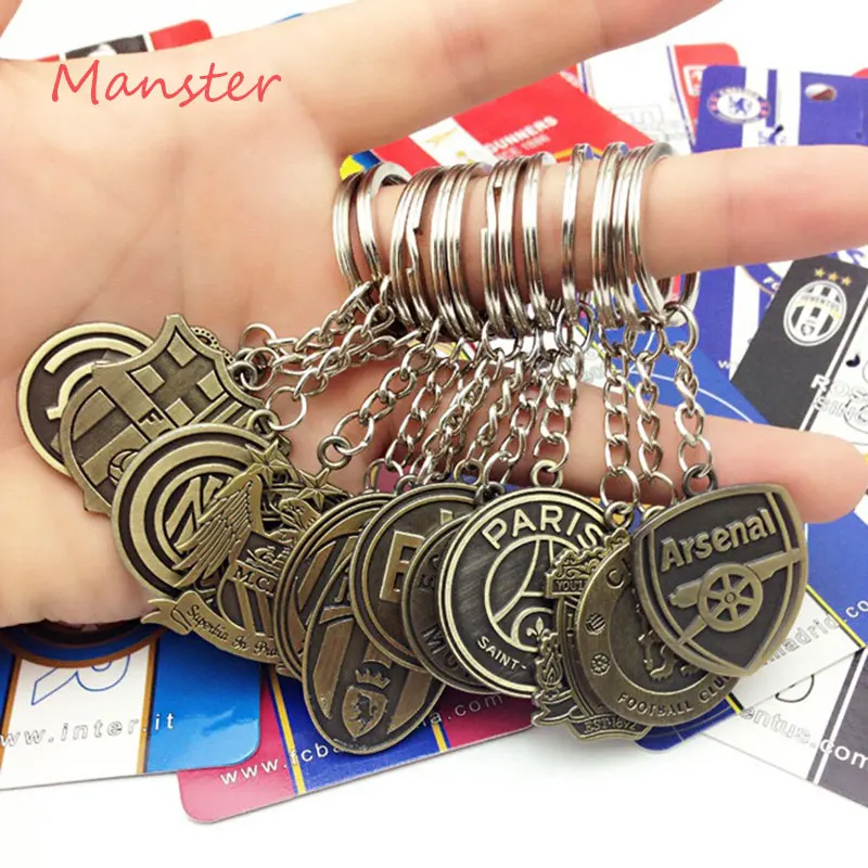 

Hot Sale Antique Bronze Metal Keychain European Cup Footabll Team Logo Porte Clef Sport Keyring Gift Fans Souvenir Charms Soccer