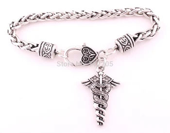 

Lobster Claw 30pcs antique silver Wheat Link Bracelet Chain with Caduceus Medical Symbol Crystal Pendant Bracelet