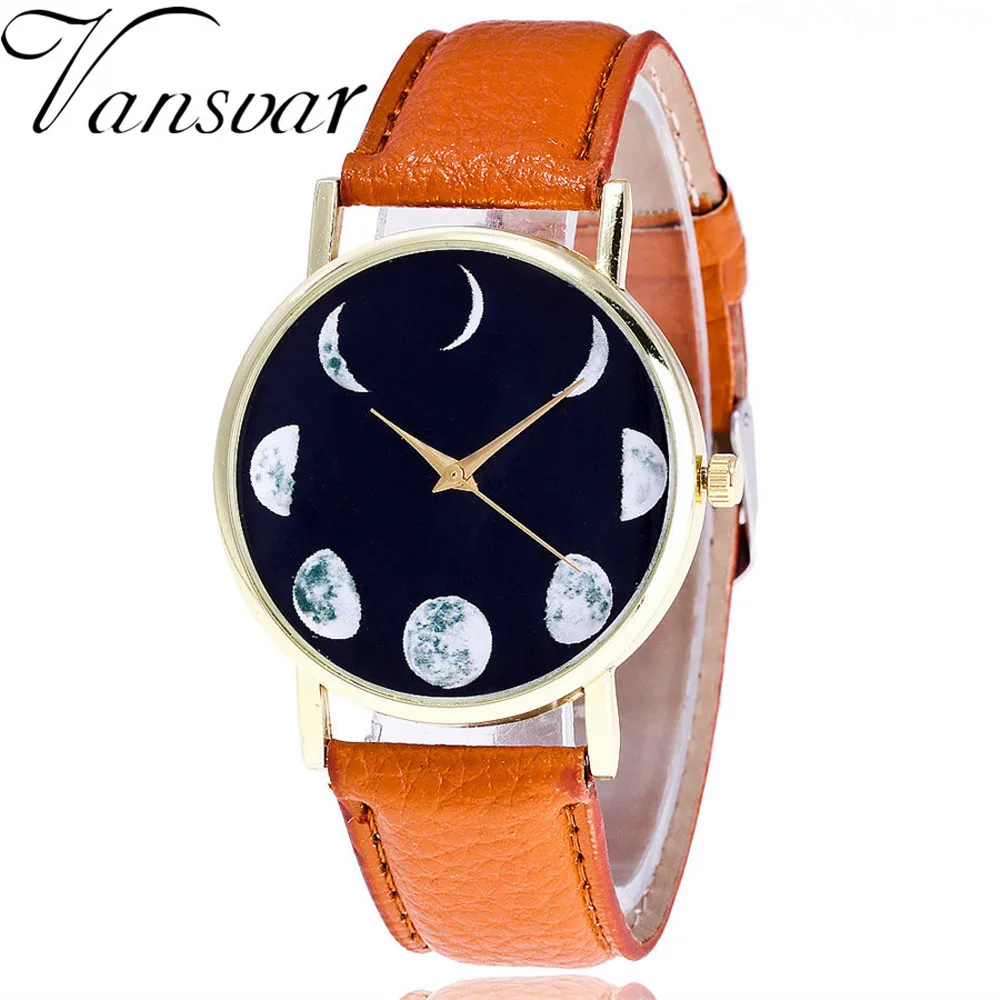 Vansvar роскошные часы relogio feminino Moon с Круглым Черным циферблатом кожаный ремешок