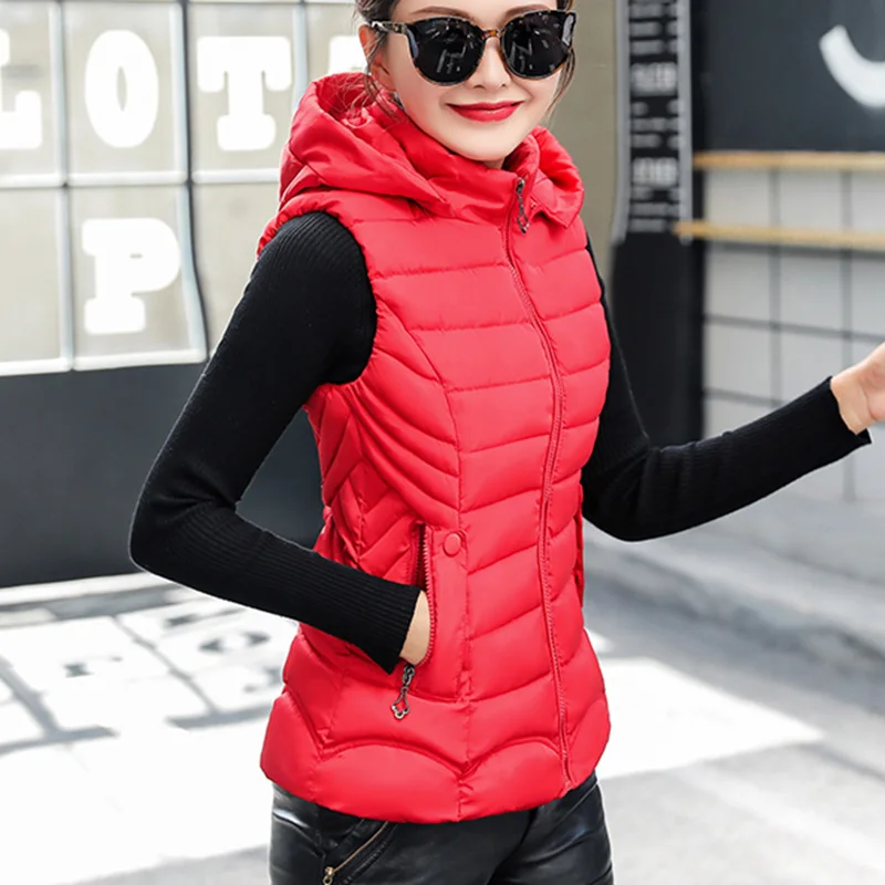 Женский осенний зимний жилет, повседневный однотонный тонкий жилет с капюшоном без рукавов, пальто с двумя карманами, жилет с хлопковой подкладкой, Женский M-3XL - Цвет: Красный