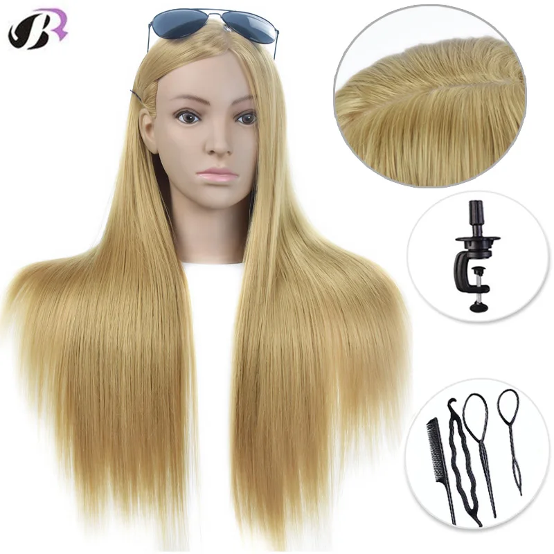 

26" 100% High Temperature Fiber Long Hair Hairdressing Training Head Model with Clamp Stand Practice Salon Mannequin Head Dummy