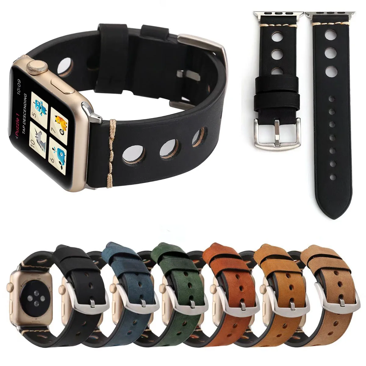 Big Round Hole Breathable Wrist Strap Bracelet for Apple Watch Series 3 2 1 Band 42mm 38mm Retro Genuine Leather Watch Band apple-bands-series- : image Big Round Hole Breathable Wrist Strap Bracelet for Apple Watch Series 3 2 1 Band 42mm 38mm Retro Genuine Leather Watch Band apple-bands-series-