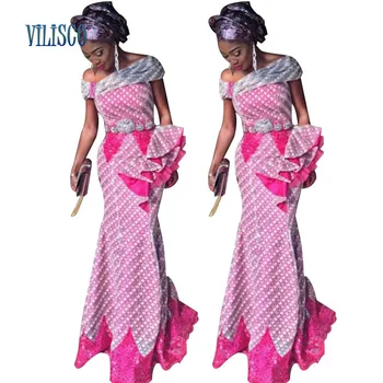

African Traditional Clothing Lace Splice Long Dresses Africa. Dresses Bazin African Embroidered Print Dresses for Women XG093
