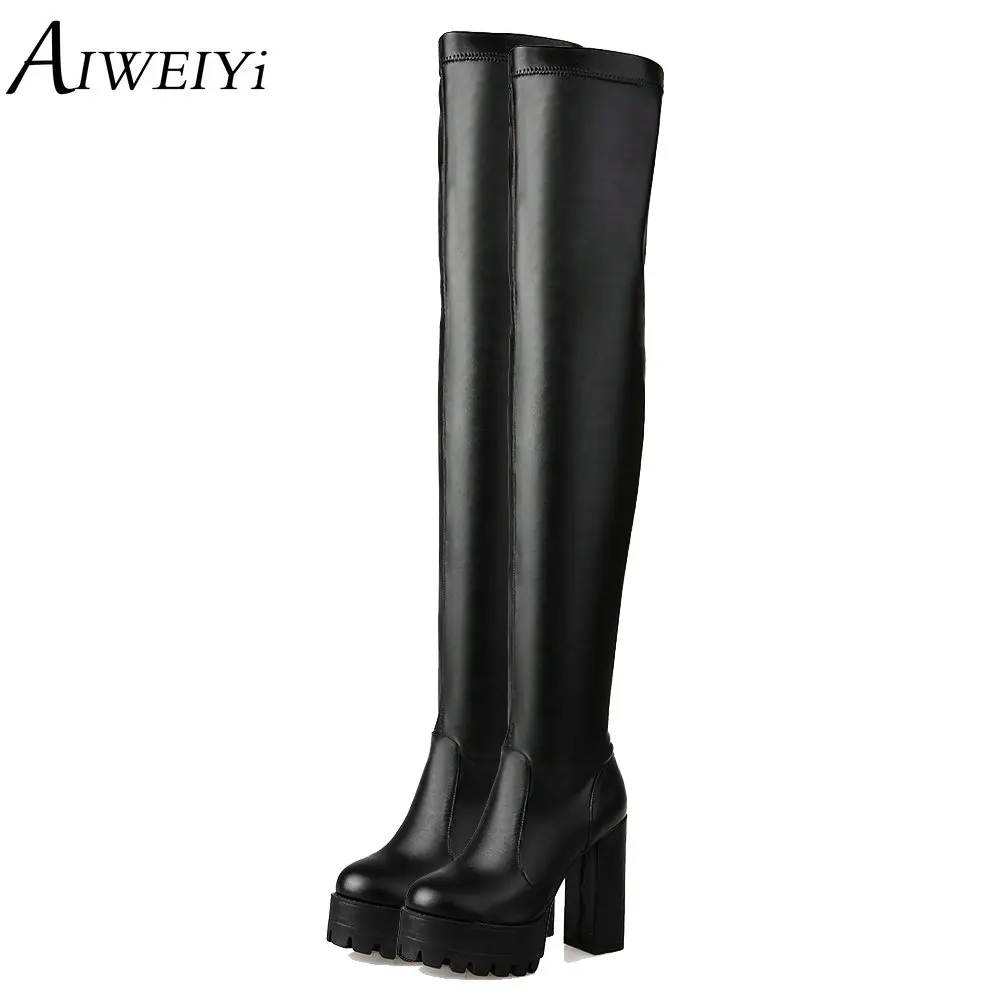 

AIWEIYi 2018 Fashion Women Knee High Boots Slip On Slim Autumn Winter Warm Long Boots Thigh High Boots Shoes Woman Black Booties