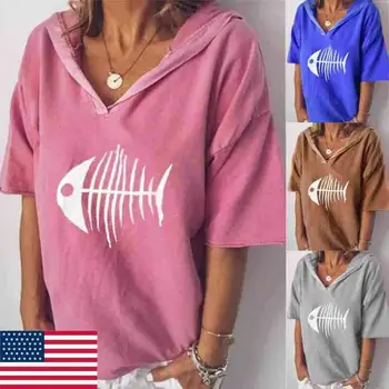 

Women Short Sleeve Loose Pull Over Tops Cotton Hoodies Cartoon Fish Bone Casual Blouse Tops Autumn Tops Clothes