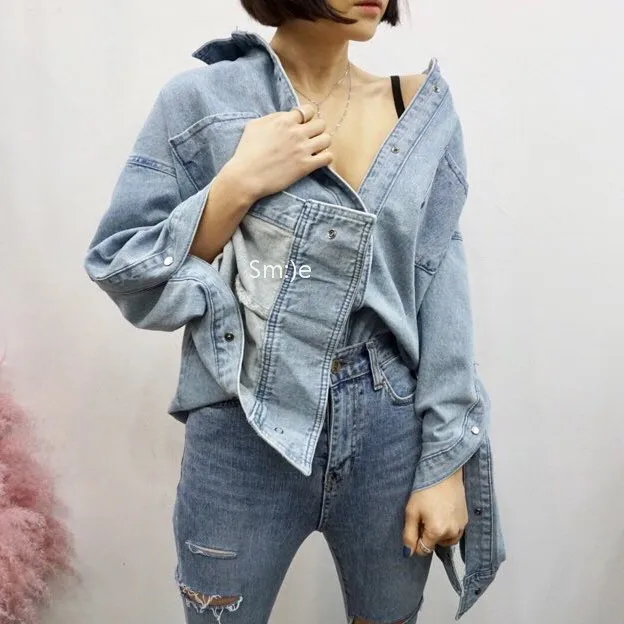 Женские топы Blusas Vadim Twill в Корейском стиле, Весенняя популярная ковбойская рубашка в стиле ретро, свободные, с открытыми рукавами, с пряжкой, женская индивидуальность