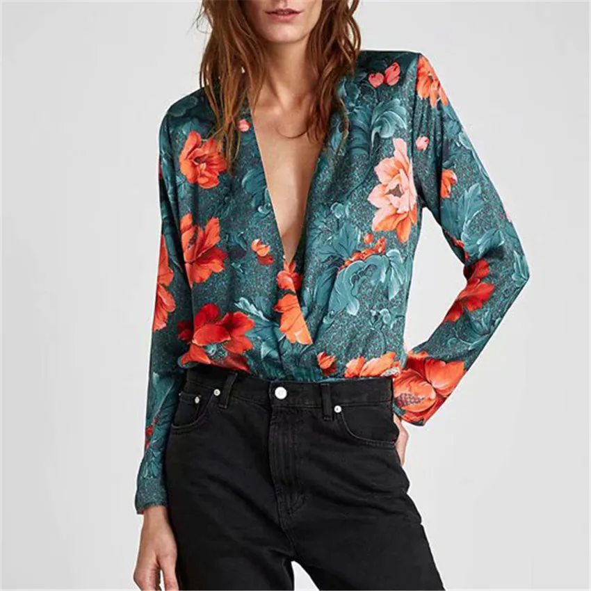 

Vintage V neck floral pattern bodysuit crossover design loose long sleeve playsuit 2019 casual chic retro tops blusas 4 color