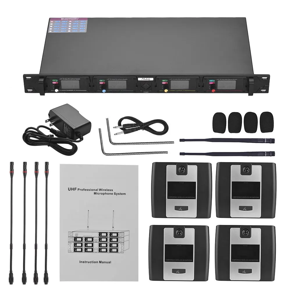 Muslady D2 المهنية 4-قناة UHF اللاسلكية نظام مكبر صوت للمؤتمرات 6.35 مللي متر و مخرجات XLR هوائي مزدوج