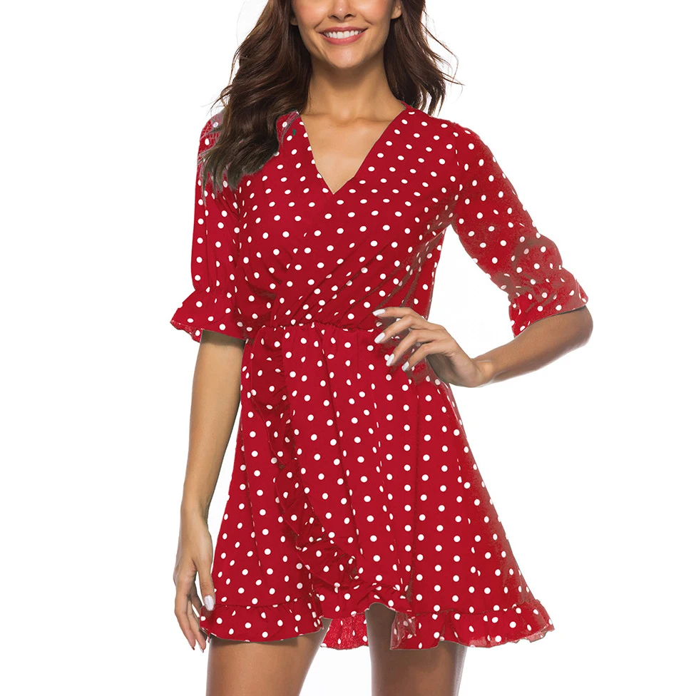 2018 Women Summer Casual Polka Dot Mini Dress V-neck Short Sleeve Ruffle A-line Beach Party Vestidos Female HD0275 | Женская одежда