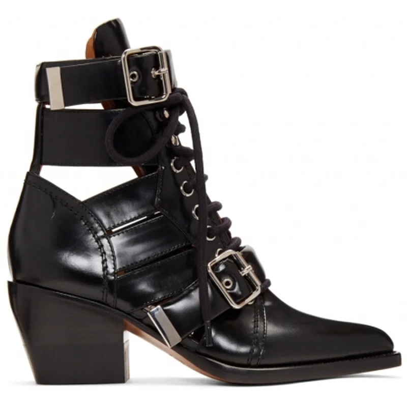 

Genuine Leather Cowhide Ankle Boots Womens Shoes Roller-buckle Straps At Vamp and Ankle Boots for Women Lace-up Luxury Shoes