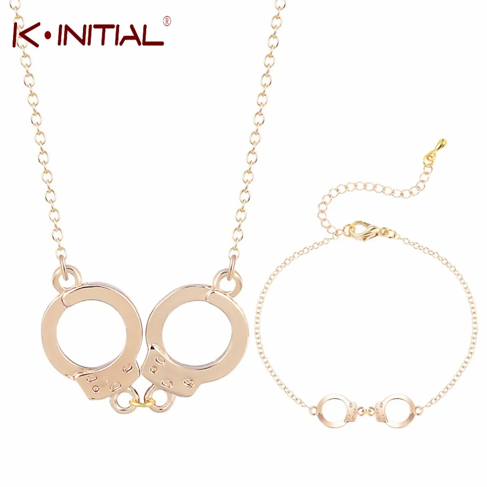 Kinitial Handcuffs Pendant Necklace Bracelets Jewelry Set Infinite Chain for Valentines Day Gifts Statement Bijoux | Украшения и