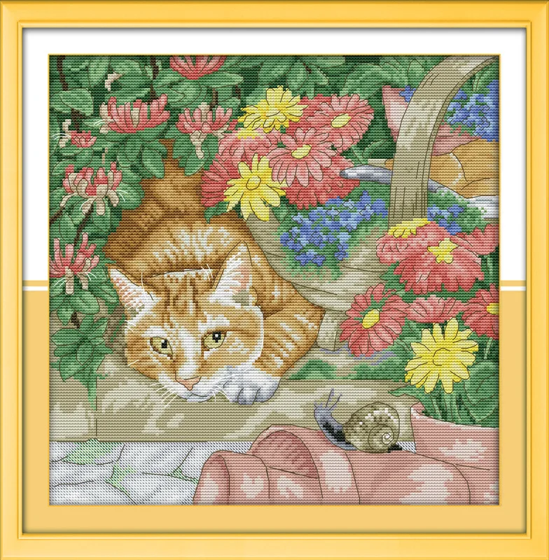 

Cat and snail in flowers Printed Canvas DMC Counted Cross Stitch Kits printed Cross-stitch set Embroidery Needlework