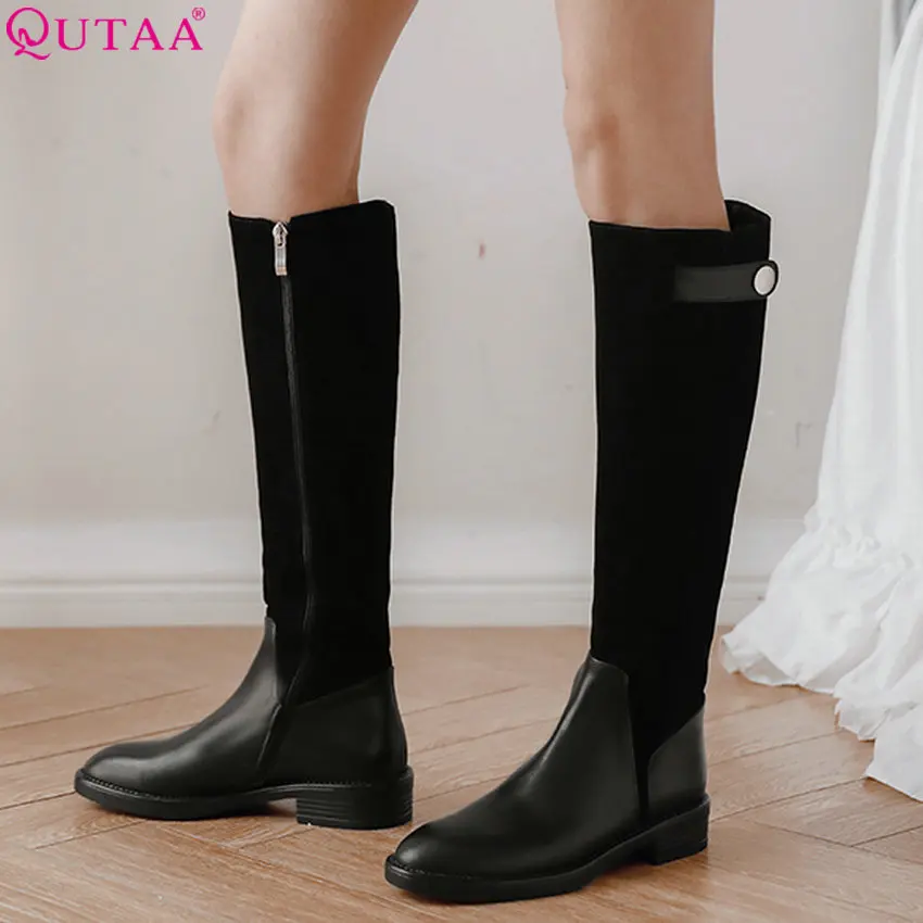 

QUTAA 2019 Women Knee High Boots Cow Leather+pu All Match Platform Zipper Square Heel Women Shoes Women Boots Size 34-39