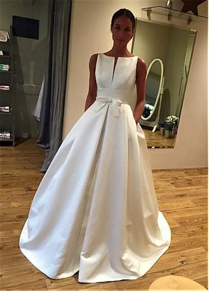 LORIE свадебное платье элегантное сатиновое маленькое свадебное платье трапециевидной формы с v-образным вырезом и бантом и карманами высокое качество vestido de noiva