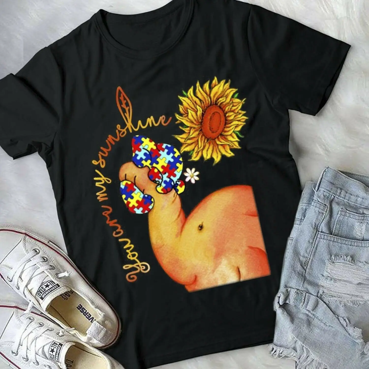 

Autism Elephant Mom Sunflower You Are My Sunshine Black Cotton Men S6XL T-Shirt Men Women Unisex Fashion tshirt Free Shipping