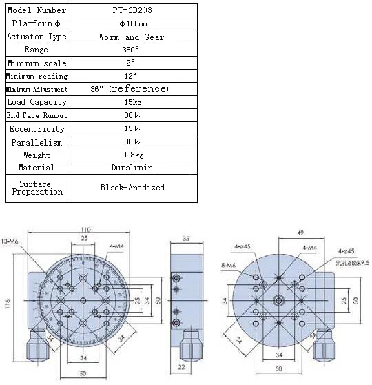 PT-SD203 ось R 360 градусов ручной поворотный этап 100 мм Вращающийся этап вращающаяся платформа поворотный этап