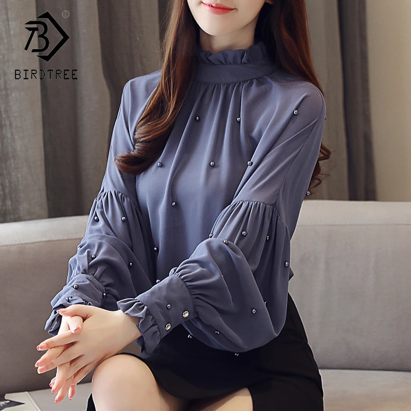 

2018 New Fashion Autumn Women's Shirt Solid Sweet Rivet Stand-Neck Fashion Slim Full Flare Sleeve Women Clothing Hots T87750L