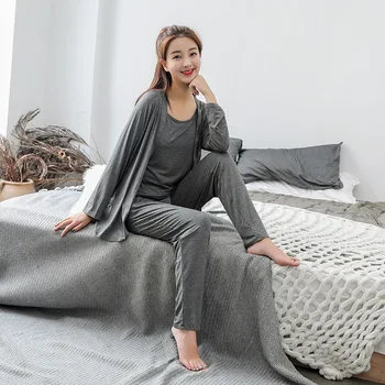 

3PCS female pajamas Long sleeve robe + vest + pants Pijama For Women pajamas Set Cotton Home Clothes Sexy Lace Robe Pajamas