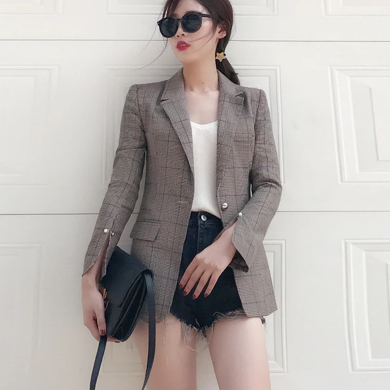 Rétro Long 1 Treillis La Tx Coréenne Paragraphe Carreaux Printemps Mince Féminin Mode Vague De 2018 Veste Casual Nouvelle Petit Costume À zSqzgx1Pw