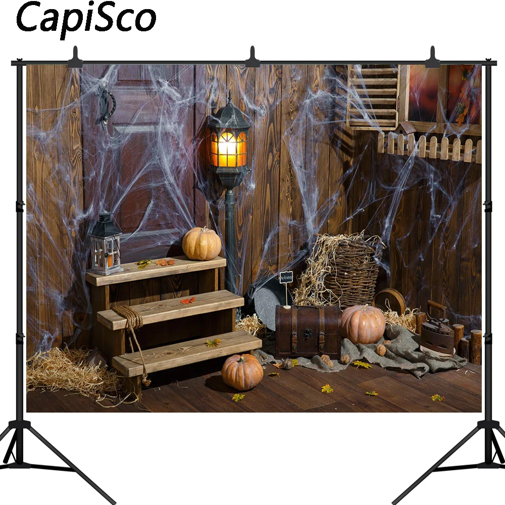 

Capisco photography background Halloween spider wood house pumpkin window backdrop professional photocall photoshoot prop