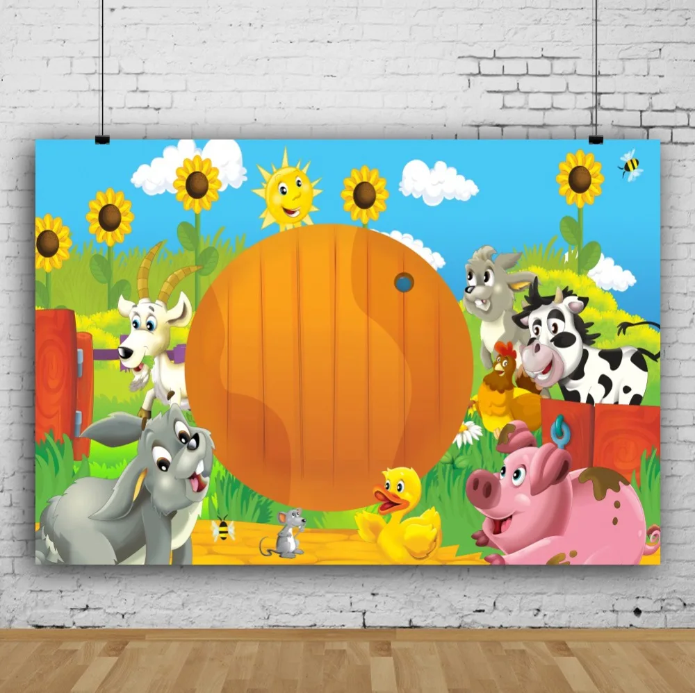Laeacco Baby Cartoon Happy Birthday Party Farm Grass Animals Banner Photographic Backdrops Photography Backgrounds Photo Studio