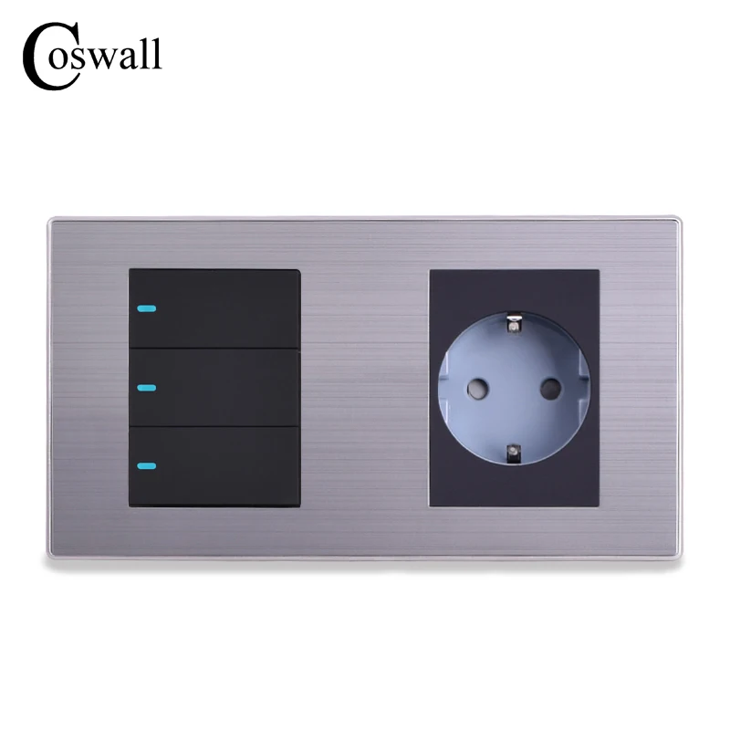 Coswall 16A настенная розетка стандарта ЕС+ 3 банды 2 способ включения/выключения светильник с Светодиодный индикатор панель из нержавеющей стали 160*86 мм