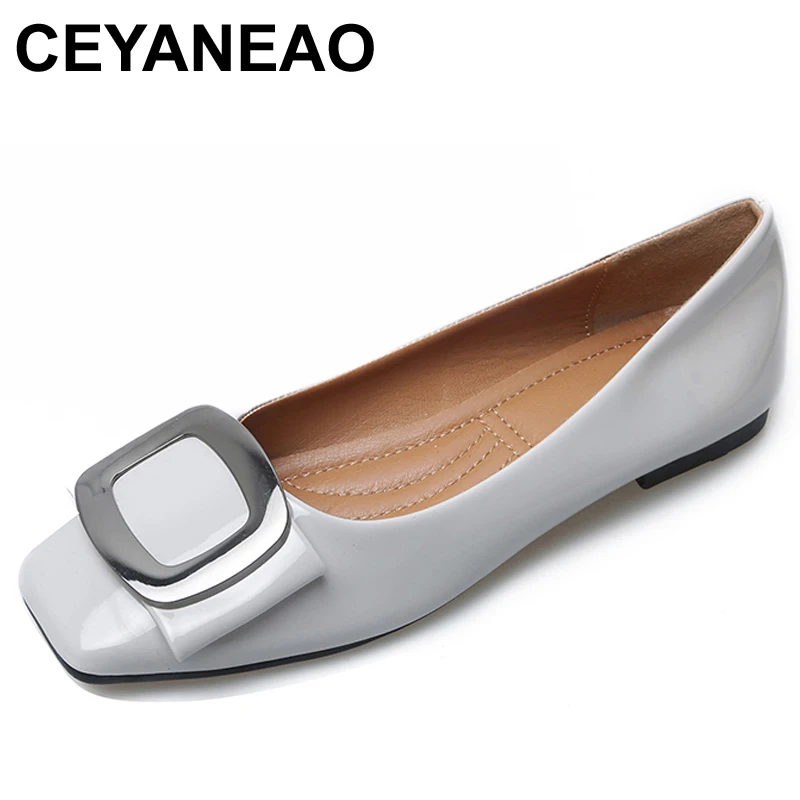 CEYANEAO Fashion Women Blue Flats Metal Buckle Soft Leather Moccasins Ballerina Flats Ladies Plus Size Slipony Comfortbal  Shoes