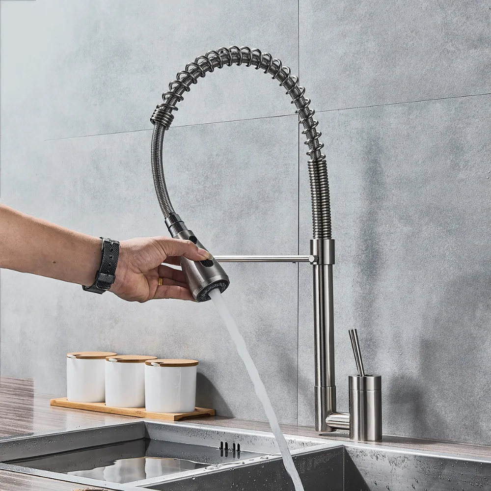 

Brushed Nickel Pull Down Kitchen Sink Faucte Deck Mounted Swivel Kitchen Sink Mixer Dual Functions Spout Tap