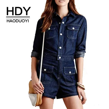 

HDY Haoduoyi Women Long Sleeve Jeans Style Streetwear Playsuits Women Jumpsuit Ladies Single Breasted Slim Fit Demin Rompers