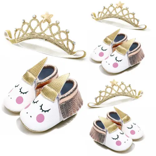 Pudcoco/; первая обувь для новорожденных девочек; мягкая нескользящая обувь принцессы с 3D единорогом+ Золотая корона для детей 0-18 месяцев