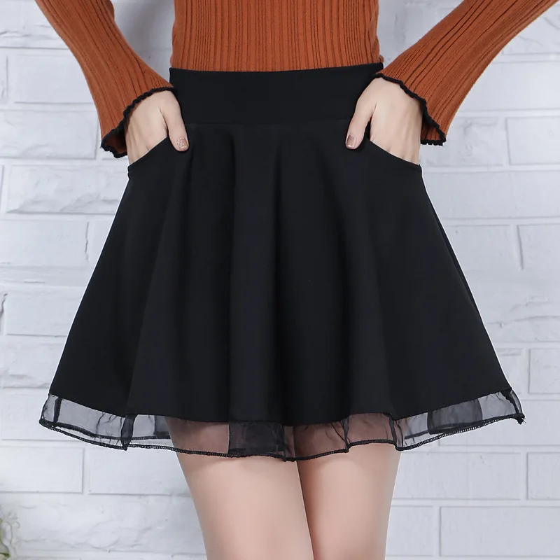 Весенне-осенняя Тюлевая юбка Корейская тонкая сексуальная однотонная сетчатая Комбинированная юбка с высокой талией трапециевидная юбка плюс размер черная плиссированная мини-юбка
