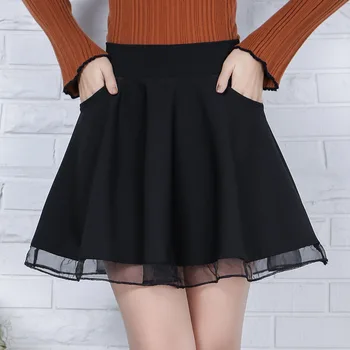 

2020 Spring & Autumn Tulle Skirt Korean Slim Sexy Solid Mesh Splicing High Waist A Line Skirt Plus Size Black Pleated Mini Skir
