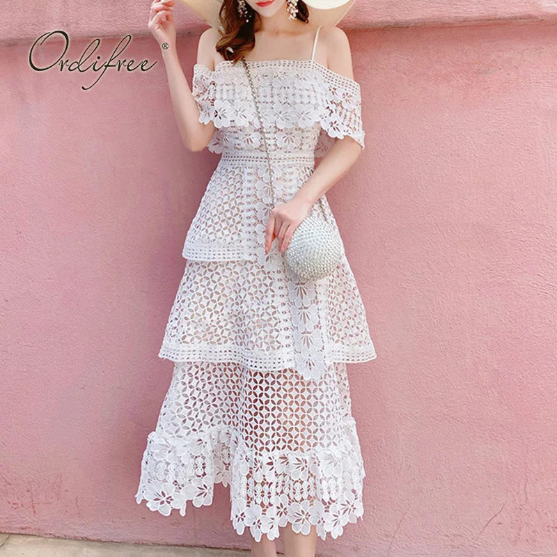 

Ordifree 2019 Summer Women White Lace Long Beach Dress Spaghetti Strap Off Shoulder Sexy Maxi Dress