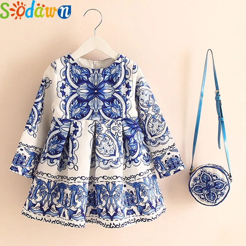 

Sodawn 2017Autumn Children Clothes Girls Dress Europe And United States Brand Summer New Cotton Linen+Bag Flowers Grils Clothes