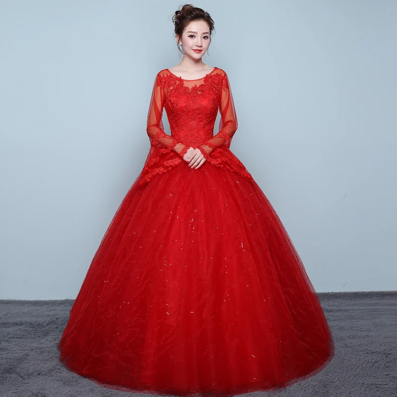 Fansmile 2019 Красный Тюль Mariage с длинным рукавом Vestido De Noiva кружево свадебное платье на заказ плюс размеры Свадебное платье FSM-418F