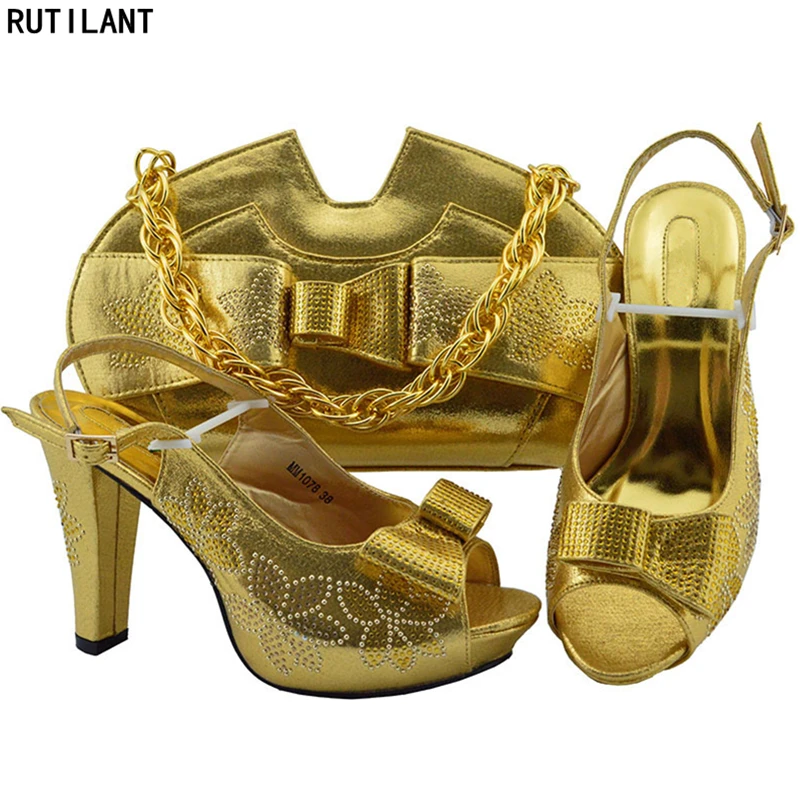 

Latest Shoe and Bag Set for Party In Women African Shoe and Bag Set In Gold Plus Size Shoes Women Heel Elegant Crystal Shoes